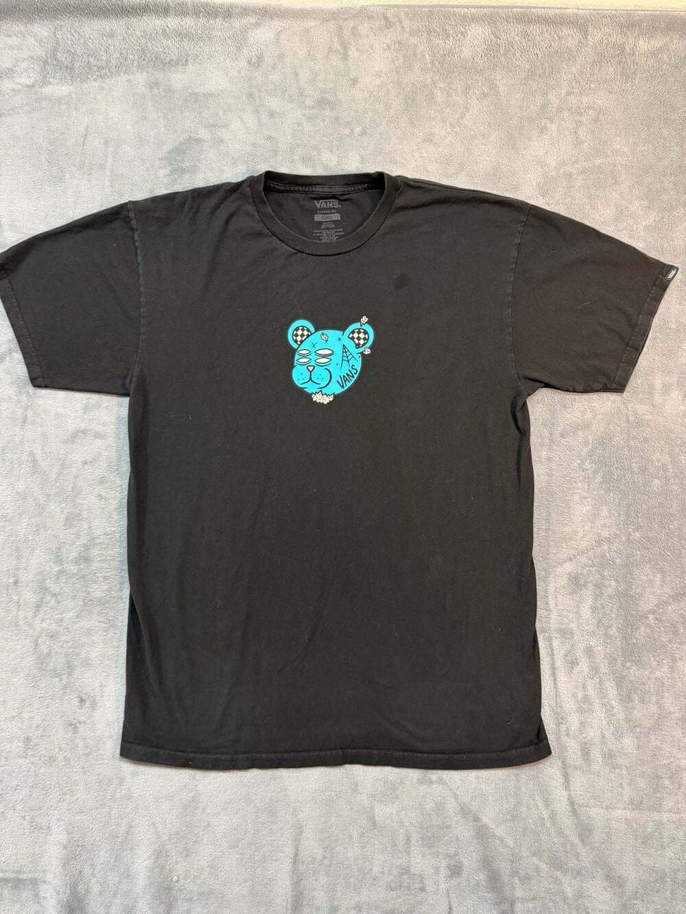 Vans Classic Fit Black Graphic T-Shirt with Blue Bear Print Large